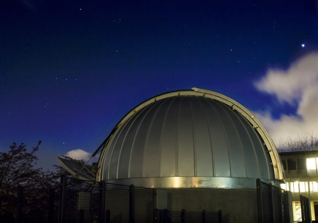 Orion, Taurus, and Venus, over the Trottier Observatory at SFU